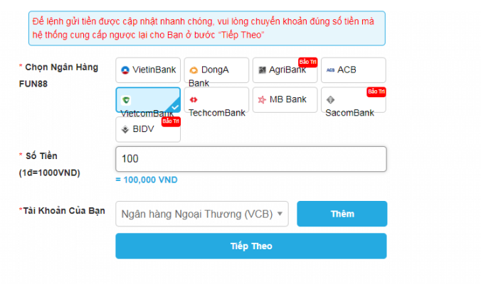 Thông báo nạp tiền Fun88 thành công và số dư được cập nhật